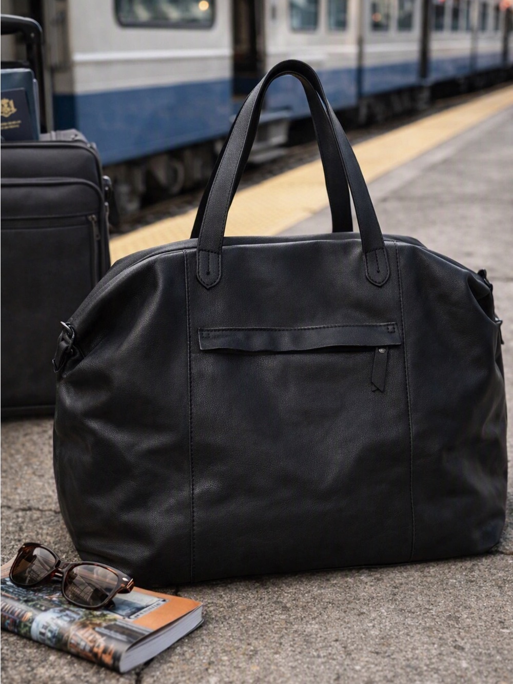 Universal Thread Goods Company Black Faux Leather Weekender Travel Bag (16”x13”)